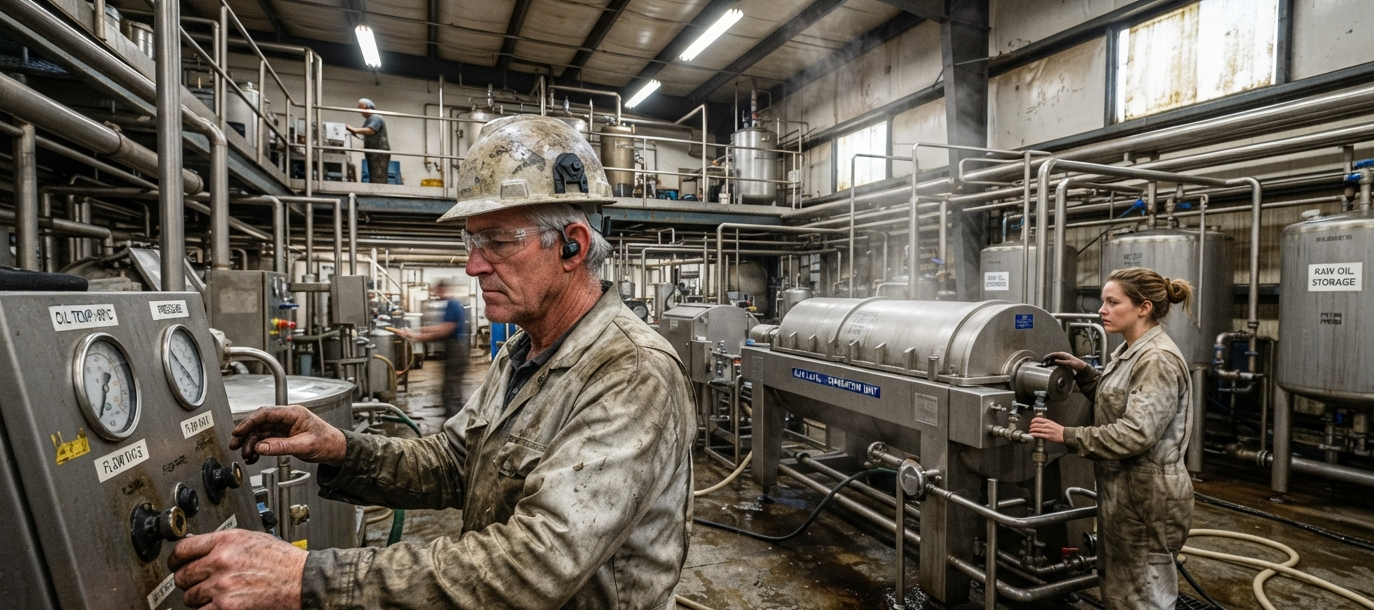 Industrial fish oil processing plant featuring workers operating a control panel and extraction machinery amidst stainless steel storage tanks and piping.