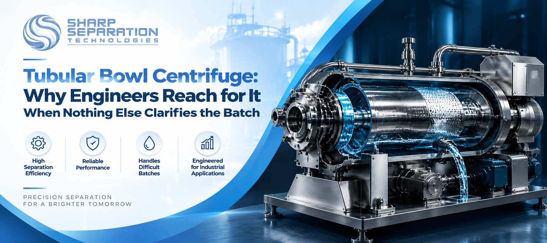 Tubular bowl centrifuge for clarifying difficult process batches
